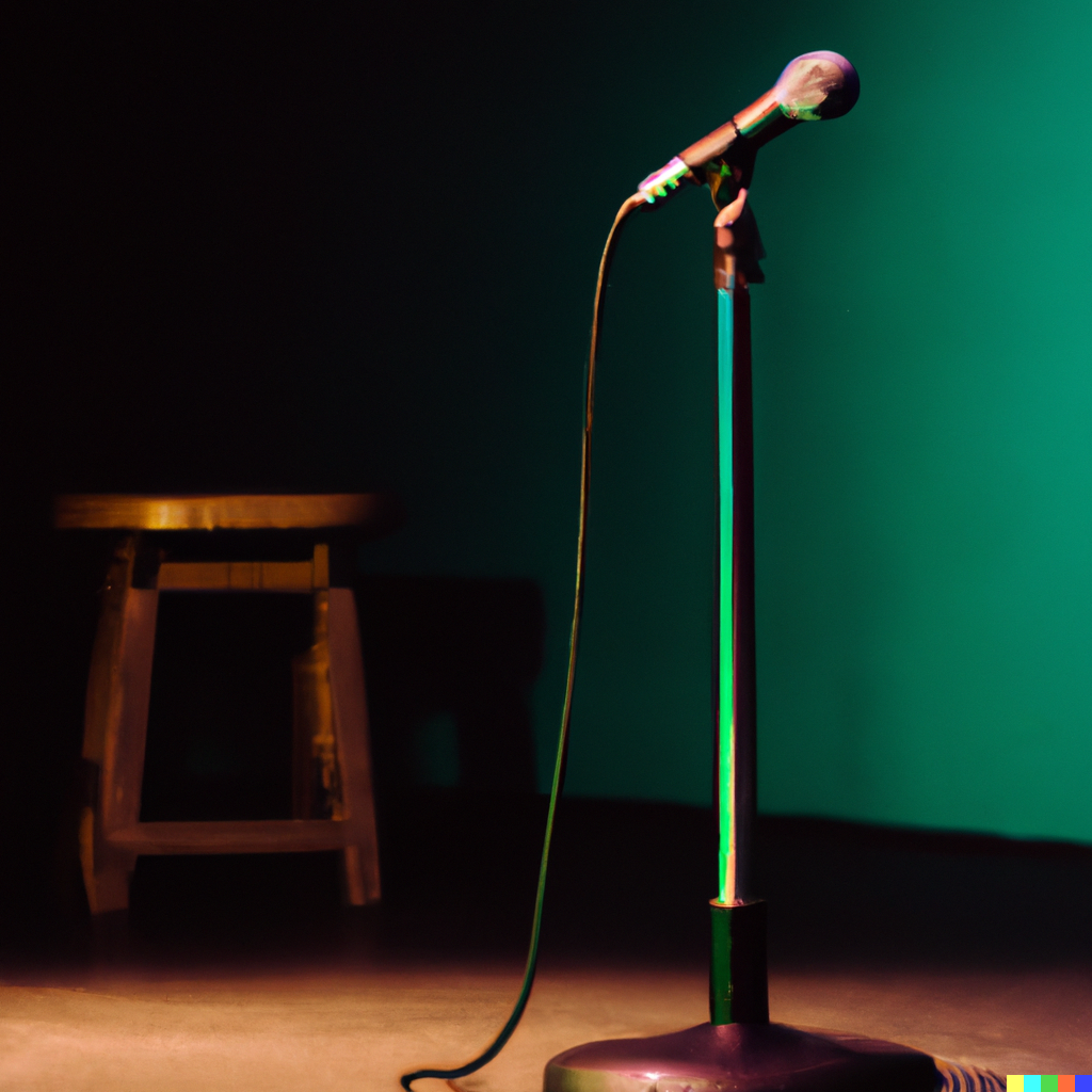 A microphone sites in an empty room with green walls. A brown stool sits in the background.