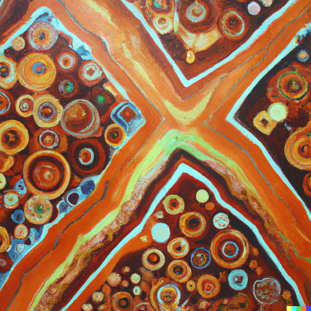 artwork consisting of lines and circles in orange yellow brown and blue colors.