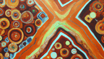 artwork consisting of lines and circles in orange yellow brown and blue colors.