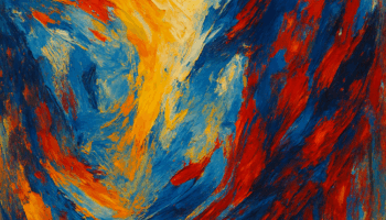 This is a vibrant abstract painting composed of dynamic, sweeping brushstrokes. The composition features a swirling motion that draws the eye inward and upward. The primary colors used are deep blue, fiery red, golden yellow, and touches of orange. The center of the image glows with intense yellows and lighter blues, creating a sense of brightness or movement. Surrounding areas are layered with bold strokes of red and blue, forming curved, wave-like patterns. The brushwork is thick and expressive, giving the surface a textured, energetic feel. There are no defined objects or figures—just color and motion in harmony.