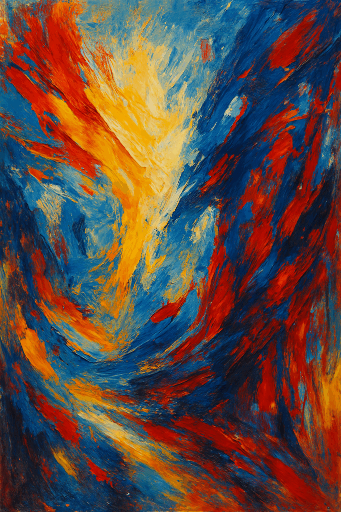 This is a vibrant abstract painting composed of dynamic, sweeping brushstrokes. The composition features a swirling motion that draws the eye inward and upward. The primary colors used are deep blue, fiery red, golden yellow, and touches of orange.
The center of the image glows with intense yellows and lighter blues, creating a sense of brightness or movement. Surrounding areas are layered with bold strokes of red and blue, forming curved, wave-like patterns. The brushwork is thick and expressive, giving the surface a textured, energetic feel. There are no defined objects or figures—just color and motion in harmony.