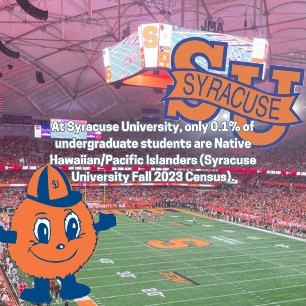 “At Syracuse University, only 0.1% of undergraduate students are Native Hawaiian/Pacific Islanders (Syracuse University Fall 2023 Census).”
Visual Elements:
The background shows a packed football game at Syracuse University’s JMA Wireless Dome.
Otto the Orange, the SU mascot, appears in the lower left wearing an “SJ” hat.
A bold “SU SYRACUSE” logo overlays the top right corner.