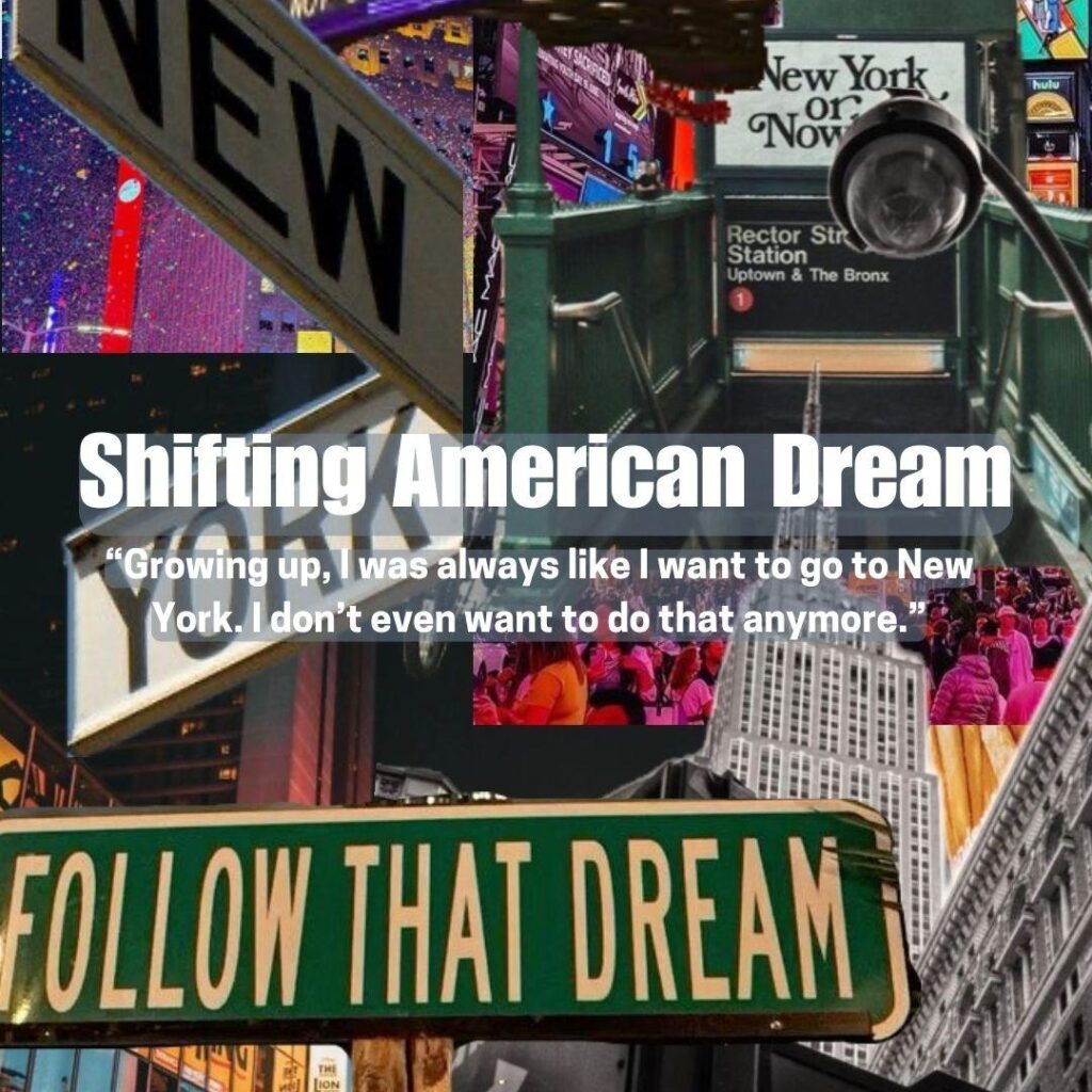 This powerful collage-style image conveys a shift in how people—especially youth—relate to the American Dream and traditional aspirations like “making it in New York.”
Text in the Image:
Shifting American Dream
“Growing up, I was always like I want to go to New York. I don’t even want to do that anymore.”
Visual Elements:
A collage of New York iconography:
Times Square
Subway station (Rector Street)
Skyscrapers
Street signs: “NEW YORK” and “FOLLOW THAT DREAM”
Surveillance camera and crowded scenes evoke a feeling of overstimulation, surveillance, or disillusionment.
The phrase “FOLLOW THAT DREAM” contrasts with the spoken quote, reinforcing the theme of evolving ambitions.