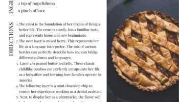 The image features a beautifully styled flat-lay photograph of a lattice-top pie sitting on a dark wooden surface. The pie has a golden-brown, perfectly baked crust with a crisscross lattice design on top, giving it a classic, homemade appearance. The lighting is soft and warm, highlighting the rich texture and color of the crust. To the right of the pie, there's a single green leaf—possibly basil or mint—adding a touch of freshness and color contrast. Just above that, a shiny red apple rests partially in frame, suggesting that the pie might be apple-based or at least inspired by traditional American fruit pies. The background and overall composition evoke a rustic, comforting, and nostalgic feel—perfectly aligning with the theme of the “American Dream Pie.”