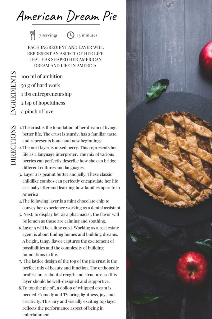 The image features a beautifully styled flat-lay photograph of a lattice-top pie sitting on a dark wooden surface. The pie has a golden-brown, perfectly baked crust with a crisscross lattice design on top, giving it a classic, homemade appearance. The lighting is soft and warm, highlighting the rich texture and color of the crust.
To the right of the pie, there's a single green leaf—possibly basil or mint—adding a touch of freshness and color contrast. Just above that, a shiny red apple rests partially in frame, suggesting that the pie might be apple-based or at least inspired by traditional American fruit pies. The background and overall composition evoke a rustic, comforting, and nostalgic feel—perfectly aligning with the theme of the “American Dream Pie.”