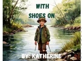 The book cover shows a young boy wearing a hat and boots standing by a river surrounded by trees, with the title written in green text.