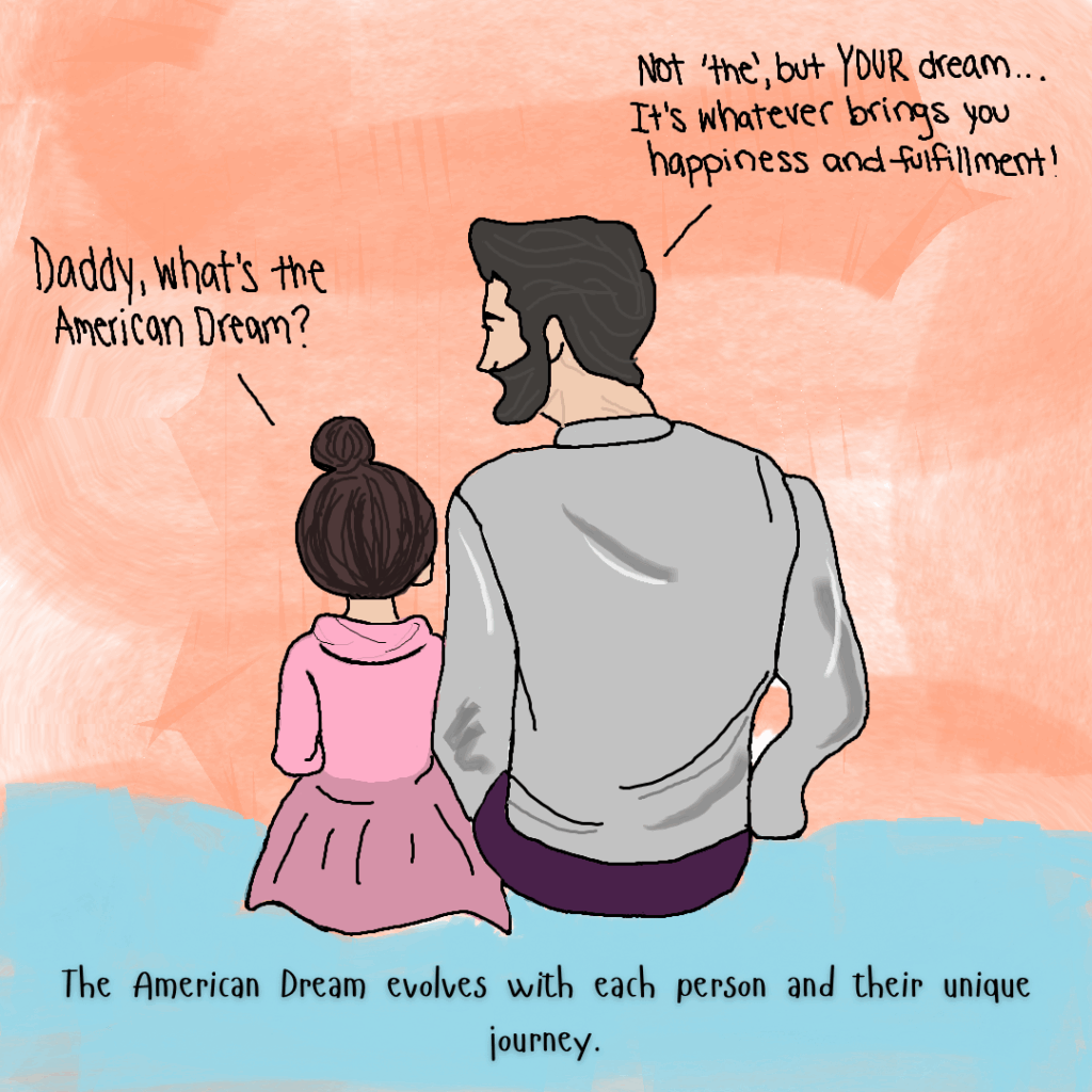 Illustration of a father and daughter sitting together, viewed from behind. The daughter asks, “Daddy, what’s the American Dream?” The father replies, “Not the, but your dream... It’s whatever brings you happiness and fulfillment!” The background is soft and pastel-colored. Text at the bottom reads: “The American Dream evolves with each person and their unique journey.”