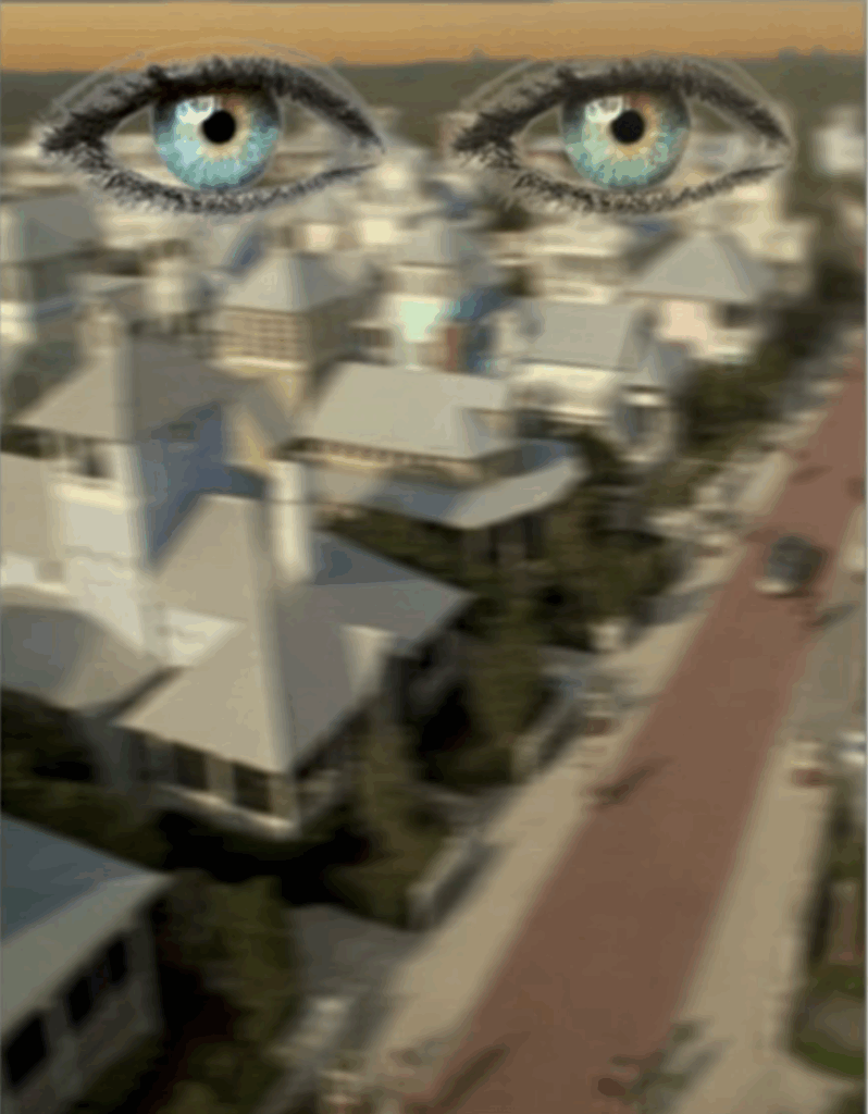Artistic depiction of a suburban town viewed from above, with a pair of large, realistic blue eyes superimposed in the sky.