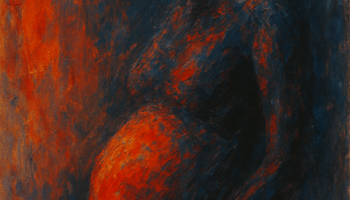 Expressionist painting of a pregnant woman in profile, her body painted with bold, textured strokes of deep blue and glowing red. Her figure is partially consumed by shadow, with warm, fiery light illuminating her pregnant belly, creating a powerful contrast that evokes themes of life, struggle, and inner strength.
