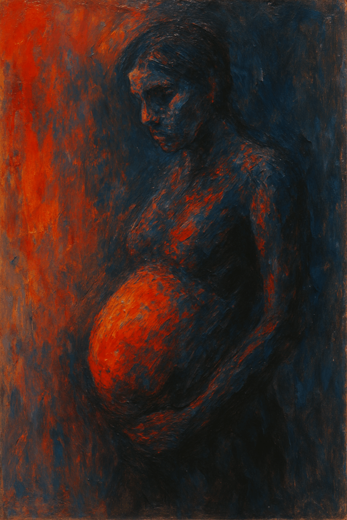 Expressionist painting of a pregnant woman in profile, her body painted with bold, textured strokes of deep blue and glowing red. Her figure is partially consumed by shadow, with warm, fiery light illuminating her pregnant belly, creating a powerful contrast that evokes themes of life, struggle, and inner strength.