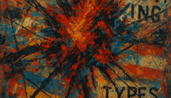 A burst of red, orange, and black radiates outward from the center like a violent explosion. Faint but noticeable elements of the American flag (stars, red and white stripes) form the backdrop, fractured by the blast. Words like “LATINO,” “TYPES,” and “PROVING” are scattered and crossed out or broken up by jagged lines, suggesting rejection, distortion, or confrontation. The color palette of fiery reds, deep blues, mustard yellows, and blacks conveys intensity, anger, urgency, and unrest.
