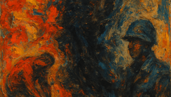 On the left, vivid hues of red, orange, and yellow dominate, forming the impression of a crouched or working figure—perhaps representing a laborer or someone enduring physical toil. On the right, cooler tones of blue and black define a military figure wearing a helmet, partially emerging from shadow. The center of the canvas is a chaotic mix of both warm and dark colors, creating a tense visual divide—almost as if fire and shadow are colliding or coexisting.