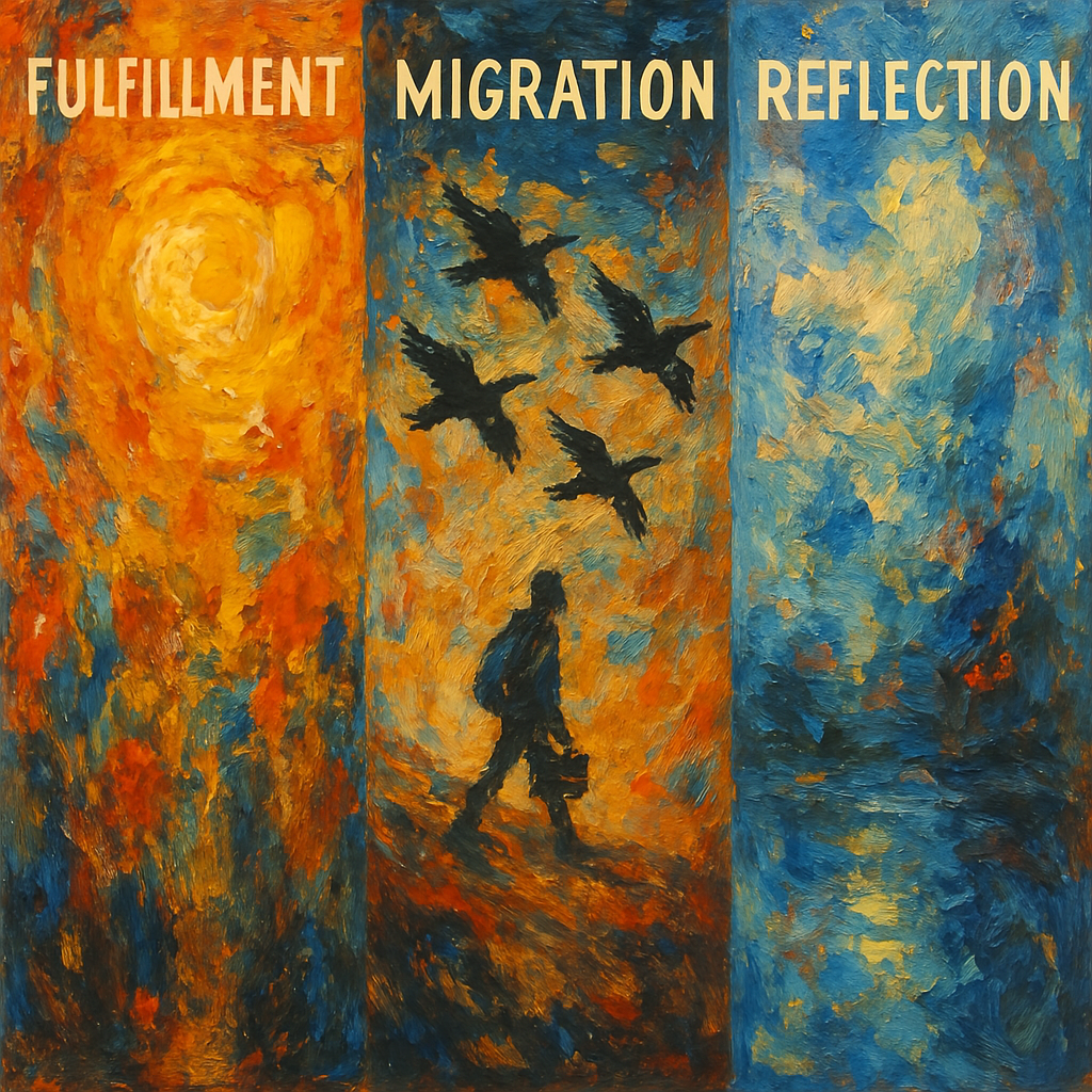 AI generated image with the Fulfillment, Migration, Reflection concepts that is an abstract expressionist