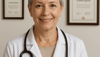 A middle-aged white woman with short gray hair wears a white lab coat and a stethoscope around her neck, smiling confidently. Behind her, two framed certificates hang on a beige wall, indicating a professional medical setting.