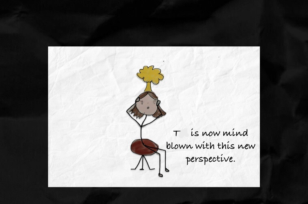 A cartoon drawing of a woman labeled as Tal, sitting on a red stool with her hands on her cheeks, eyes wide in surprise. A yellow cloud-like burst hovers above her head, symbolizing her mind being blown. The background is textured white, and the caption reads, “Tal is now mind blown with this new perspective.