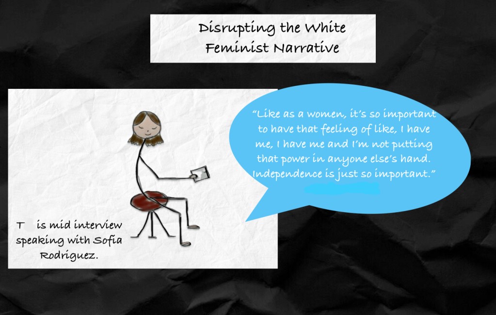 A stylized cartoon of a woman with light skin and brown hair, labeled as T, sits mid-interview holding a notepad, speaking with Sofia Rodriguez. The background is textured white paper with a black border. Above her is a bold title reading “Disrupting the White Feminist Narrative.” A large blue speech bubble contains a quote by T: “Like as a women, it’s so important to have that feeling of like, I have me, I have me and I’m not putting that power in anyone else’s hand. Independence is just so important.